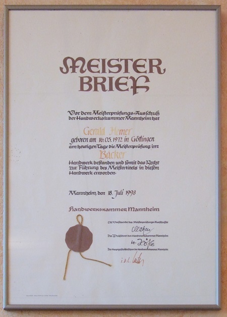 Meisterbrief Bäcker Gerald Hemer